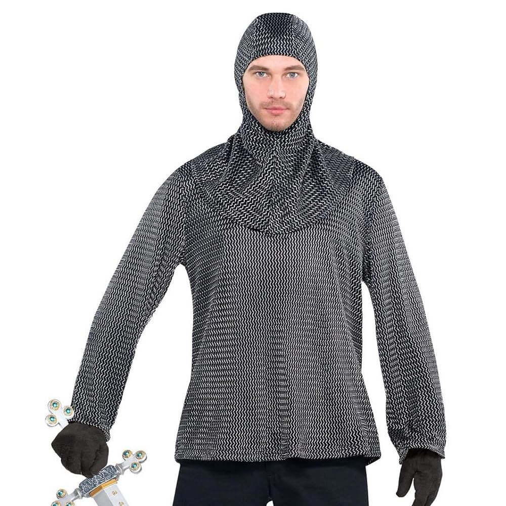 AmscanMens Medieval Knight Chain Mail Look Tunic with Coif Hood Fancy Dress Accessory