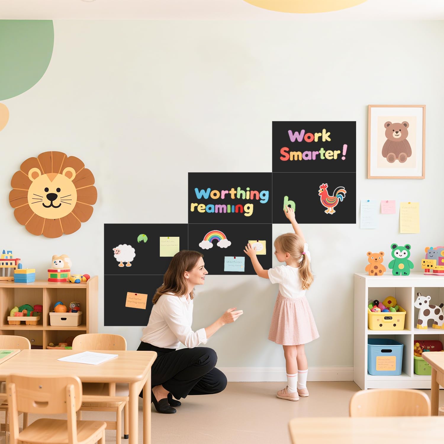 Magnetic Wall Decal for Kids Black Set of 6 Peel and Stick Magnet Chalkboard Wall Decal with Tangram Puzzle Chalk Accessories Magnetic Decal Wall Magnetic Wallpaper Stickers for Home Playroom