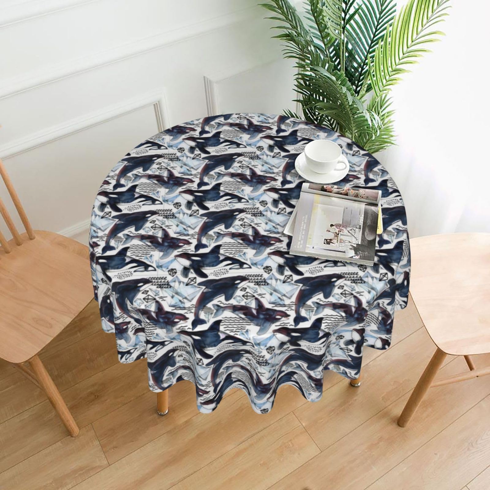 YYHHAOFA Killer Whale Prints 60in Round Decorative Tablecloth – High-Grade Polyester Throw Cover for Dining, Parties, and Outdoor Events