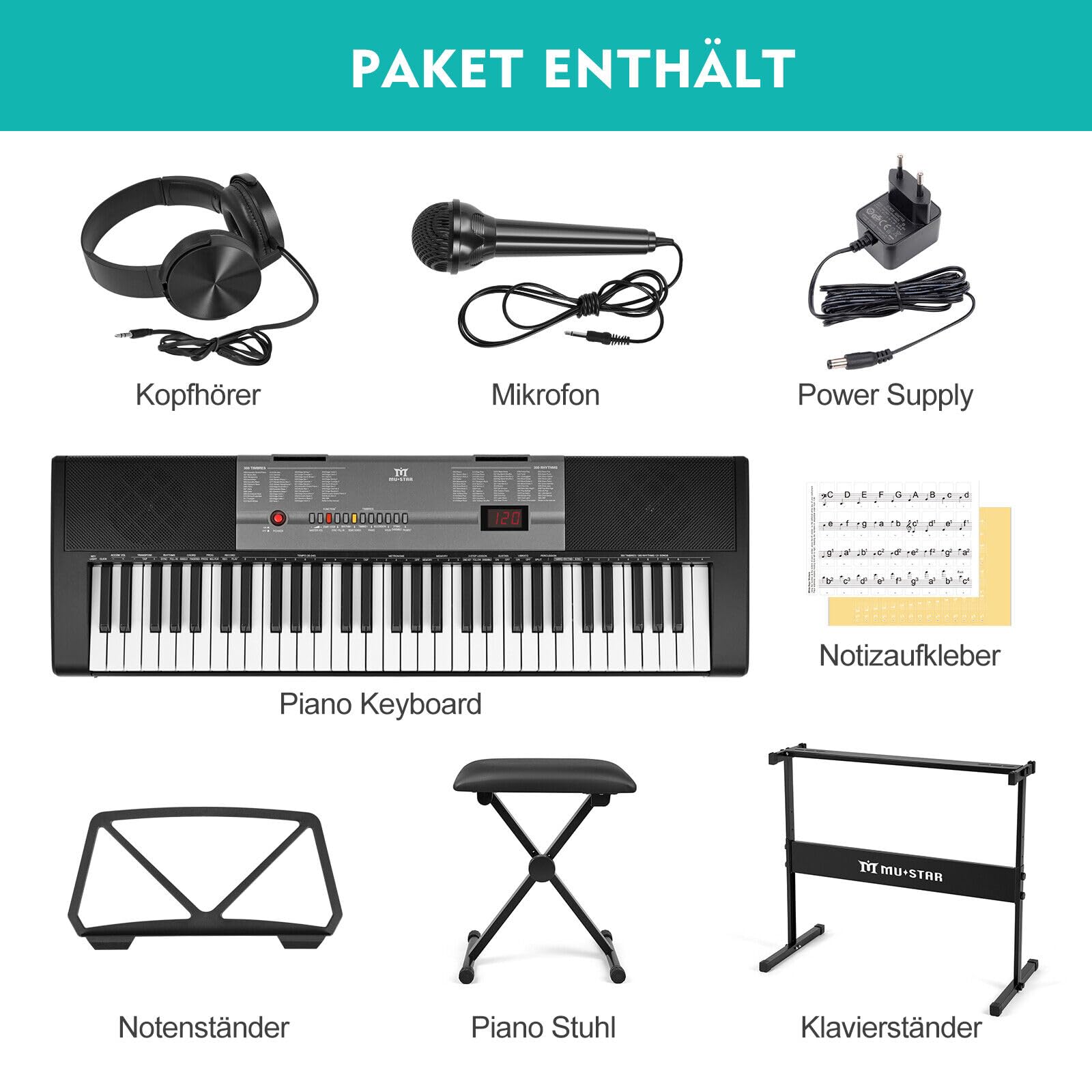 MUSTAR 61 Key Keyboard Piano für Anfänger, Digital Piano Keyboard mit Leuchttasten Lautsprechern, E Klavier Ständer, Hocker, Kopfhörern, Mikrofon, Notenablage, 300 Sounds & Simply Musiklektionen