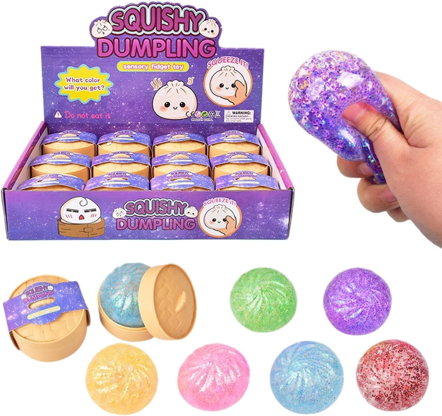 12pcs Glitter Dumpling Squishy, Bao Squishy Dumpling Toy with Plastic Steamer Box, Cute Soft Glitter Calming For Relaxation Boys Girls Children Adults Students Home Office Classroom (1Pc)