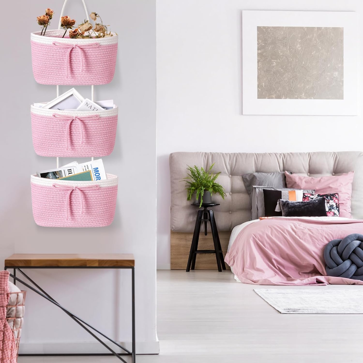 Zopeal 3 Tier Wall Mounted Woven Cotton Rope Hanging Basket Over The Door Hanging Basket with Hooks Decorative Food Snack Storage Organizer Newborn for Living Room(Pink,Bow)