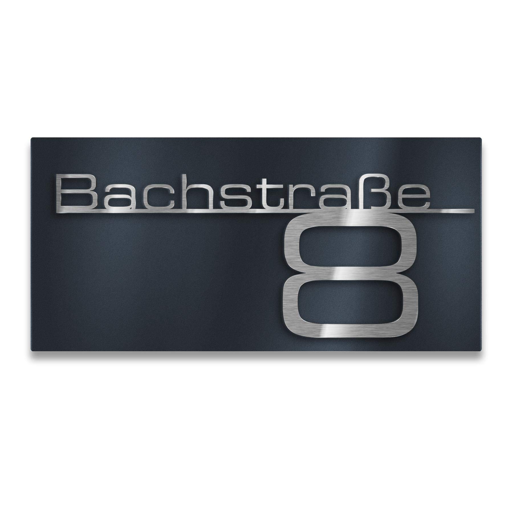 Metzler Hausnummer, Schriftzug aus Edelstahl, individuelles Hausnummernschild in Anthrazit (RAL 7016), Straßenschild mit Hausnummer, massiv & gebürstet, 3D-Effekt, Made in Germany, Größe: 40 x 20 cm