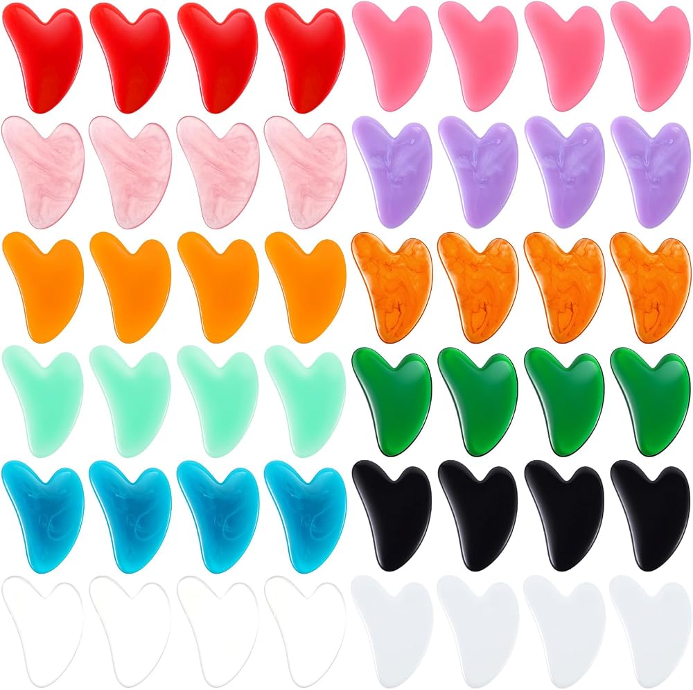 48 Pcs Gua Sha Facial Tool Resin Gua Sha Massage Tool Heart Shaped Guasha Stone Guasha Board for Face Body Skin Massage Spa Acupuncture Prevent Wrinkles (Multi Colors)
