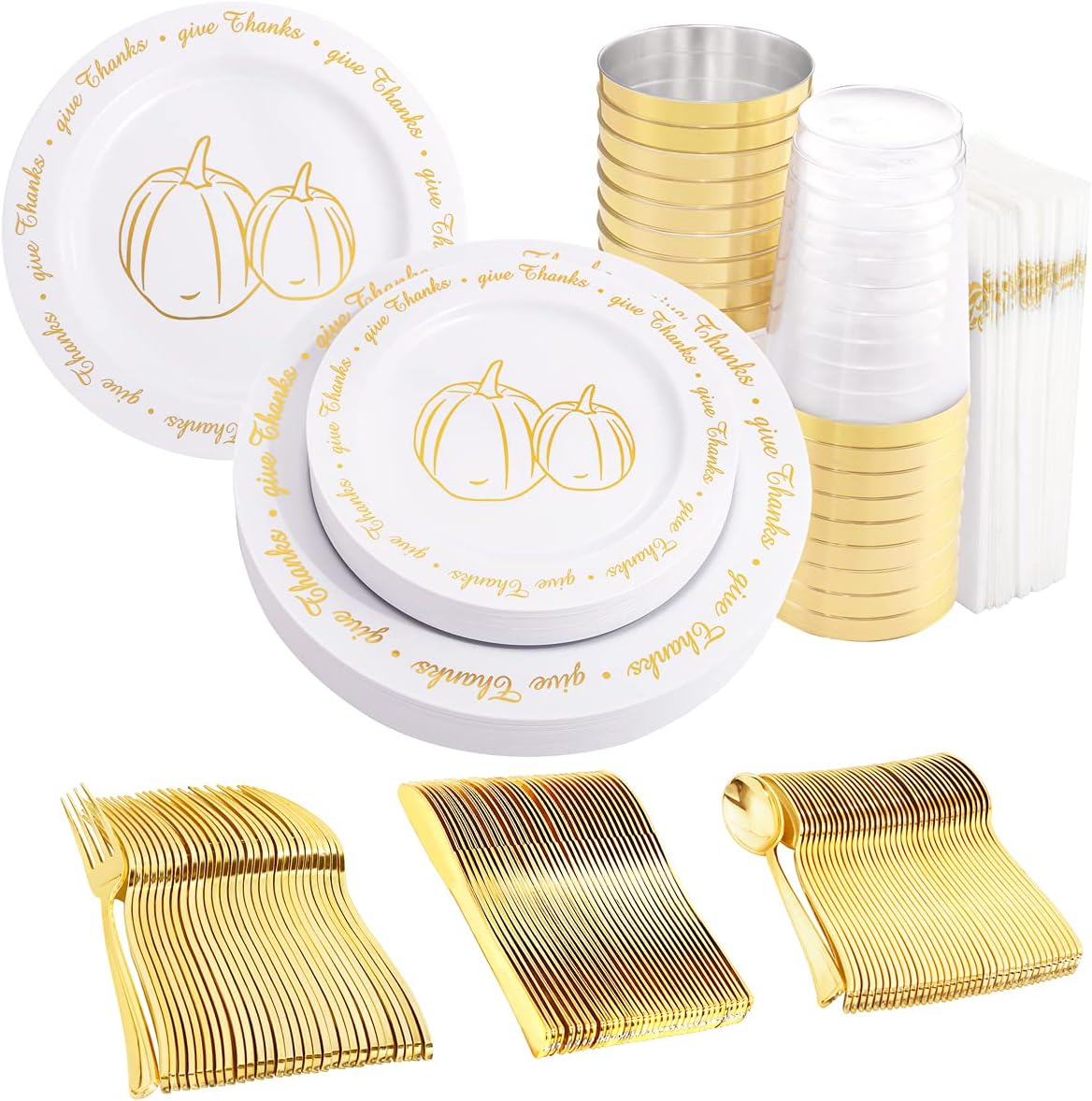 Supernal 175pcs Thanksgiving Plastic Dinnerware Set,Gold