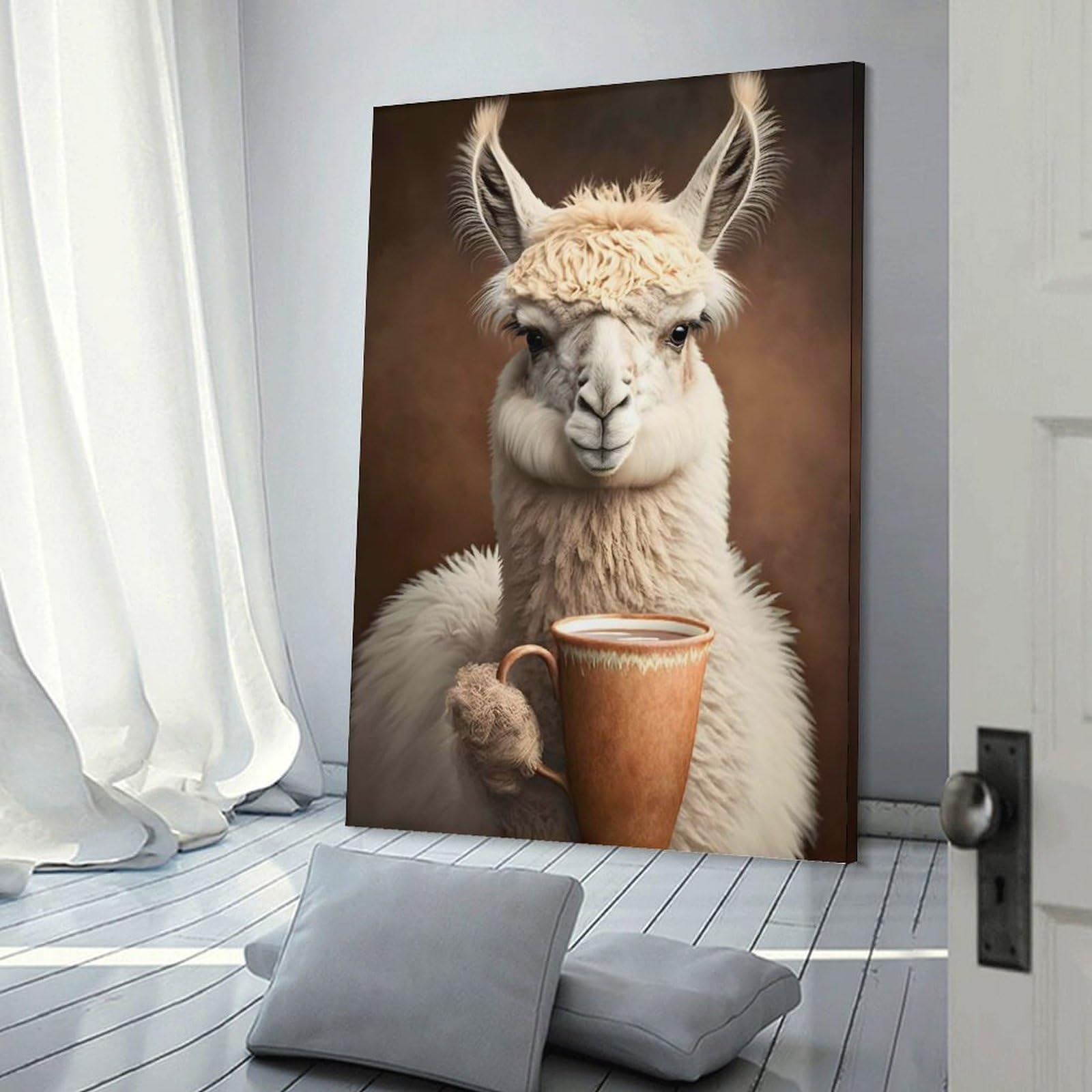 Junmoney Canvas Wall Art Coffee Llama, 24x36inch(60x90cm), for Corridors, Hallways Or Apartment Entries, Decorative Canvas Styling for Entry Areas
