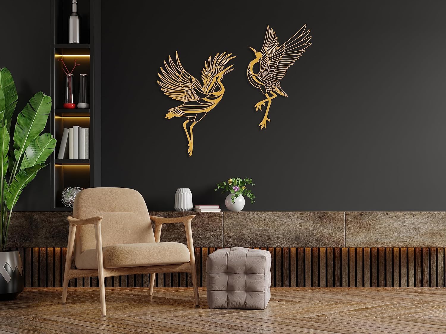 Metal Cranes Wall Art Set of 2, Unique Living Room & Outdoor Decor, Housewarming Gift, Large Wall Art (Gold, 13.7" / 35 cm)