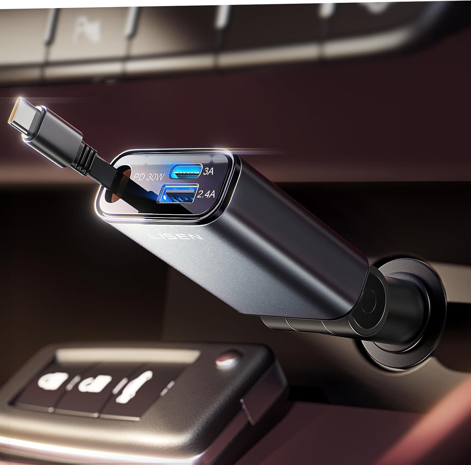 LISEN Car Charger USB C Fast Charging Retractable,【60% Less Space,Mini】 57W Fast iPhone 16/15 USBC Type C Charger Car Accessories for Women for iPhone 16 15 Pro Max Plus，Samsung Galaxy S25/24，Android