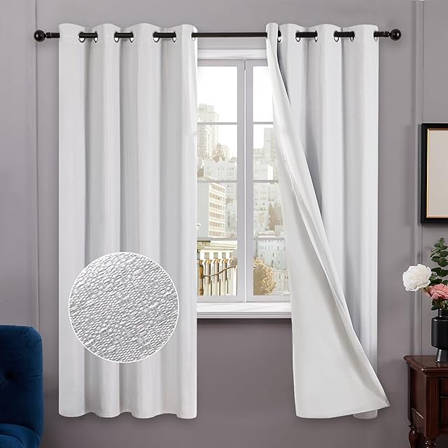 Deconovo 100% Blackout Curtains with Coating, Light Weight Eyelet Curtains Faux Linen Thermal Curtains, Room Darkening White Curtains for Bedroom, 46 x 54 Inch(Width x Length), 2 Panels