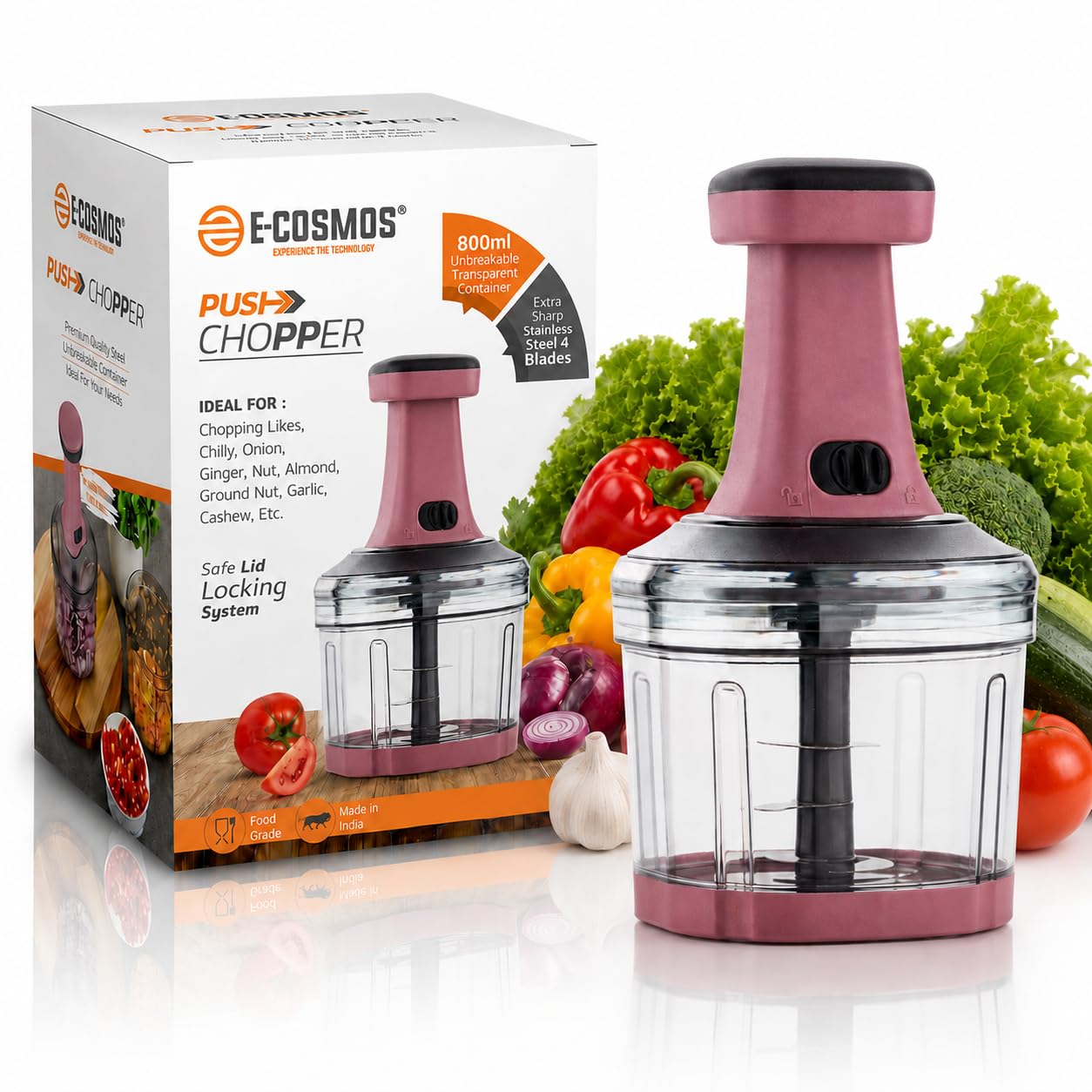 E-COSMOS® Food Chopper 800ml, 4 Blade Steel Large Manual Hand-Press Vegetable Chopper Mixer Cutter to Cut Onion, Salad, Tomato, Potato (Dusty Blush)