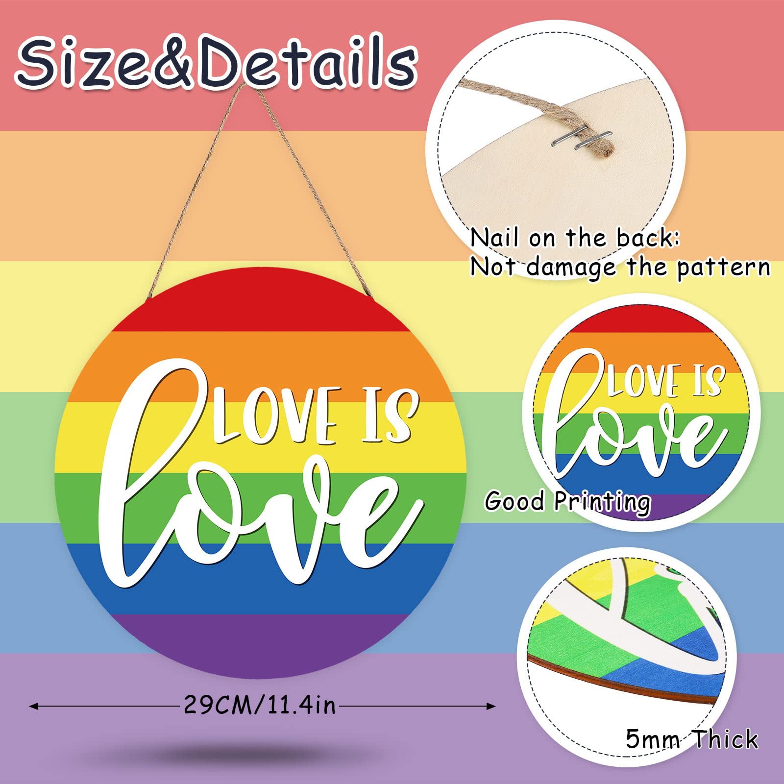 Whaline Rainbow Wooden Hanging Sign Gay Pride Love is Love Door Sign Decoration LGBTQ Wood Wreath Sign Door Hanger for Pride Parade Day Indoor Outdoor Home Office Shop Bakery Farmhouse