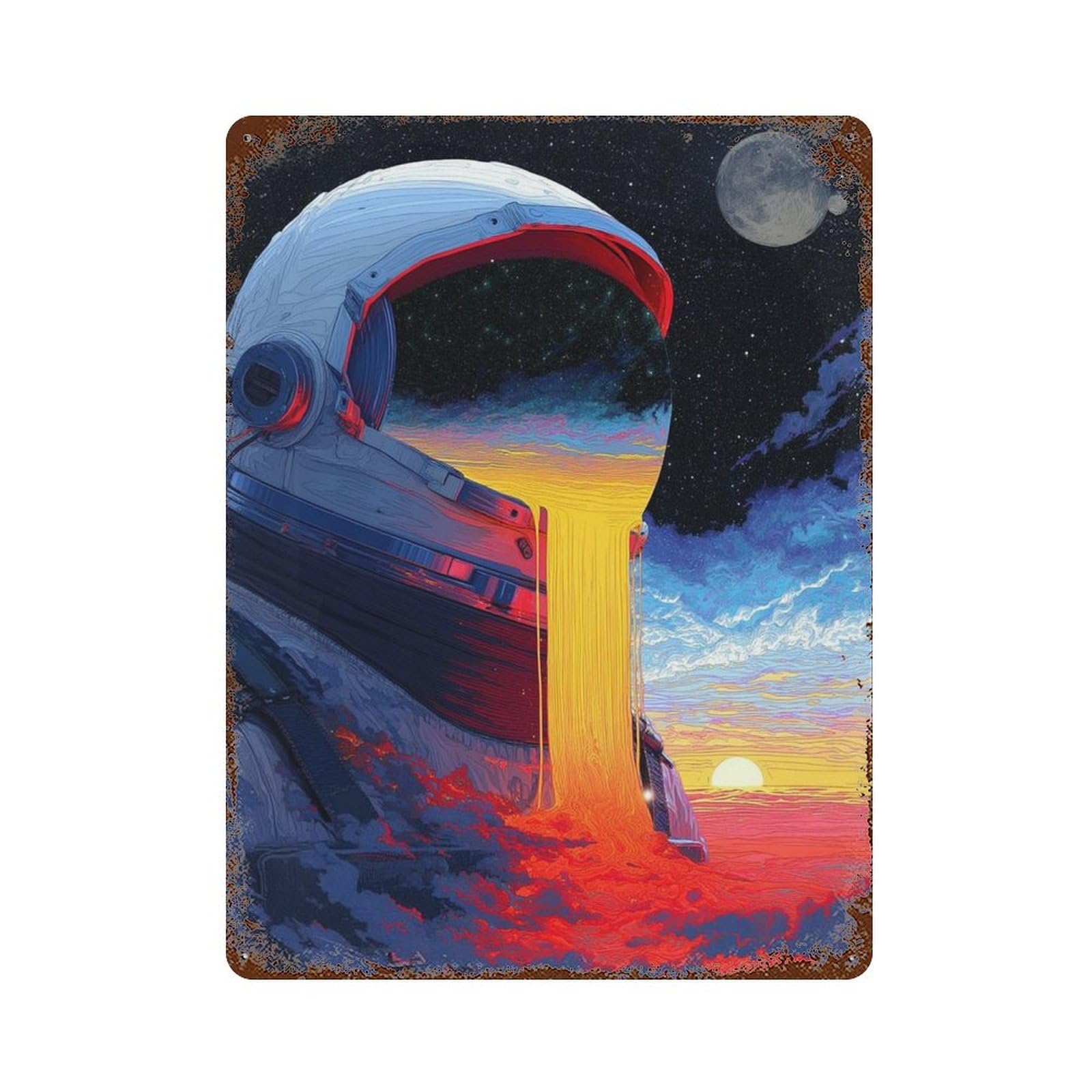 Space Astronaut Sunset Art Print Aged Metal Wall Plaque 15.7"x11.8", Ideal for Garage, Bar And Workshop Decor