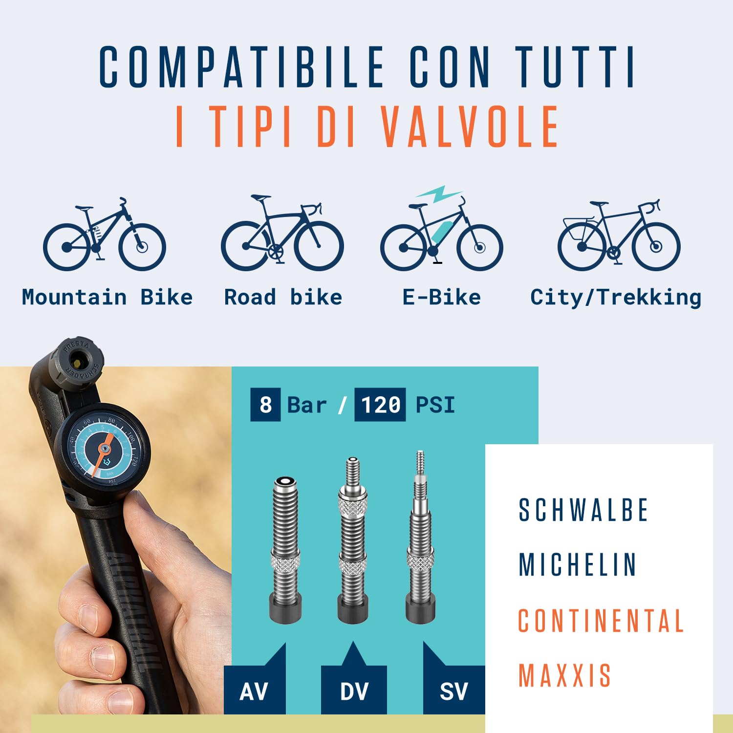 Alphatrail Minipompa Steve - Per tutte le valvole 8,3 Bar / 120 PSI pressione massima I manometro grande (Ø32mm) I t-maniglia ergonomica I pompa bicicletta per la valvola presta, schrader & dunlop