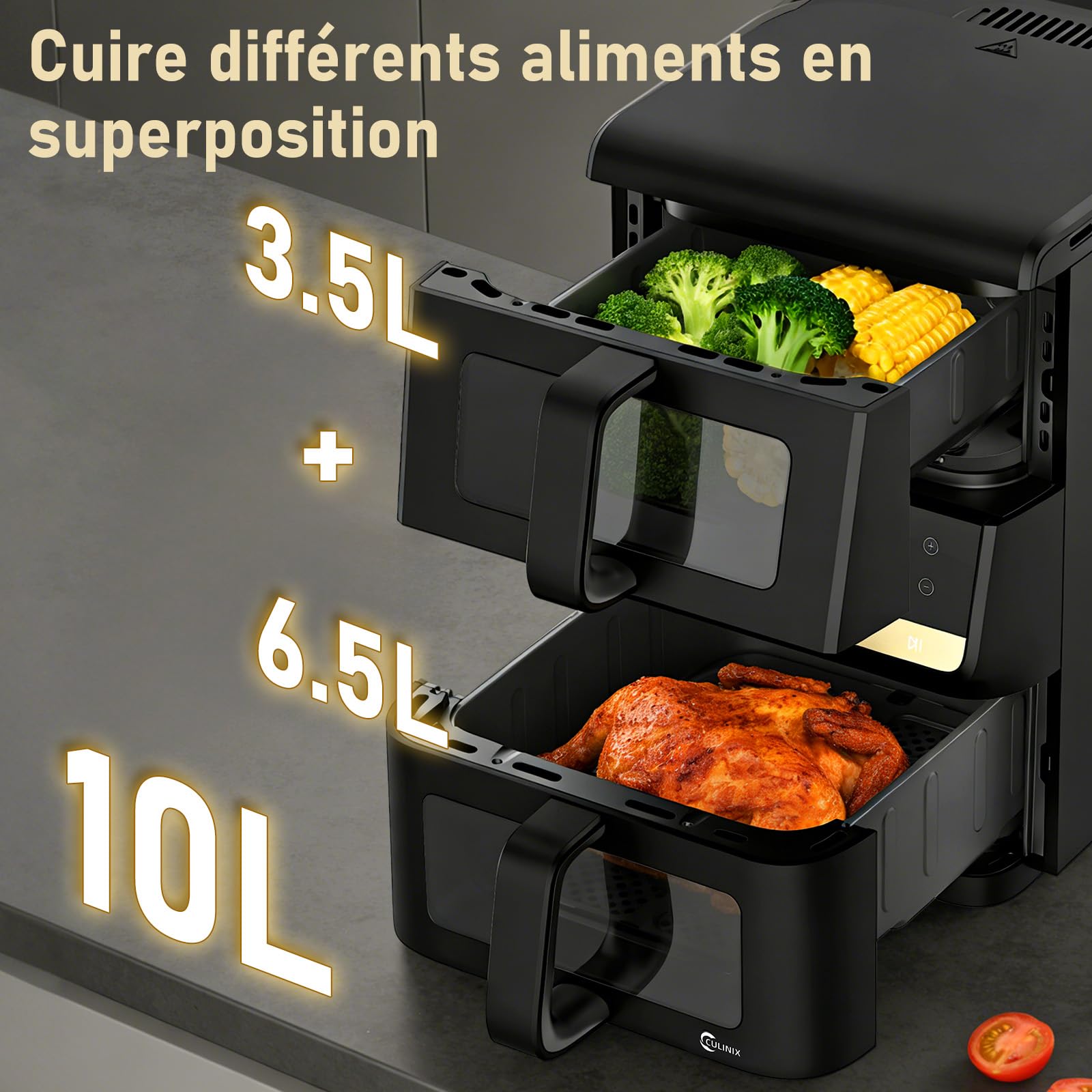 Air Fryer Vertical 10L,10-in-1 Friteuse Sans Huile Airfryer à 2 Double Compartiment Tiroir,Fonction Synchronisation SYNC et DUAL, Design Compact, Économie 80% d'Huile, Noir