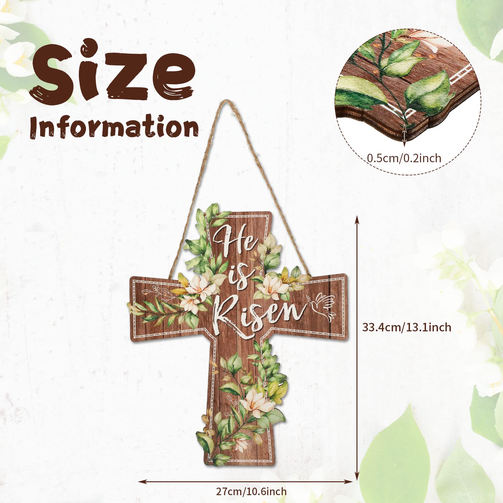 Tiamon He is Risen Door Hanger Wooden Easter Door Sign Greenery Print Cross Hanging Sign Religious Easter Hanging Decorations for Wall Home Indoor Outdoor Spring Decor Supplies, 13 x 10.6 Inch