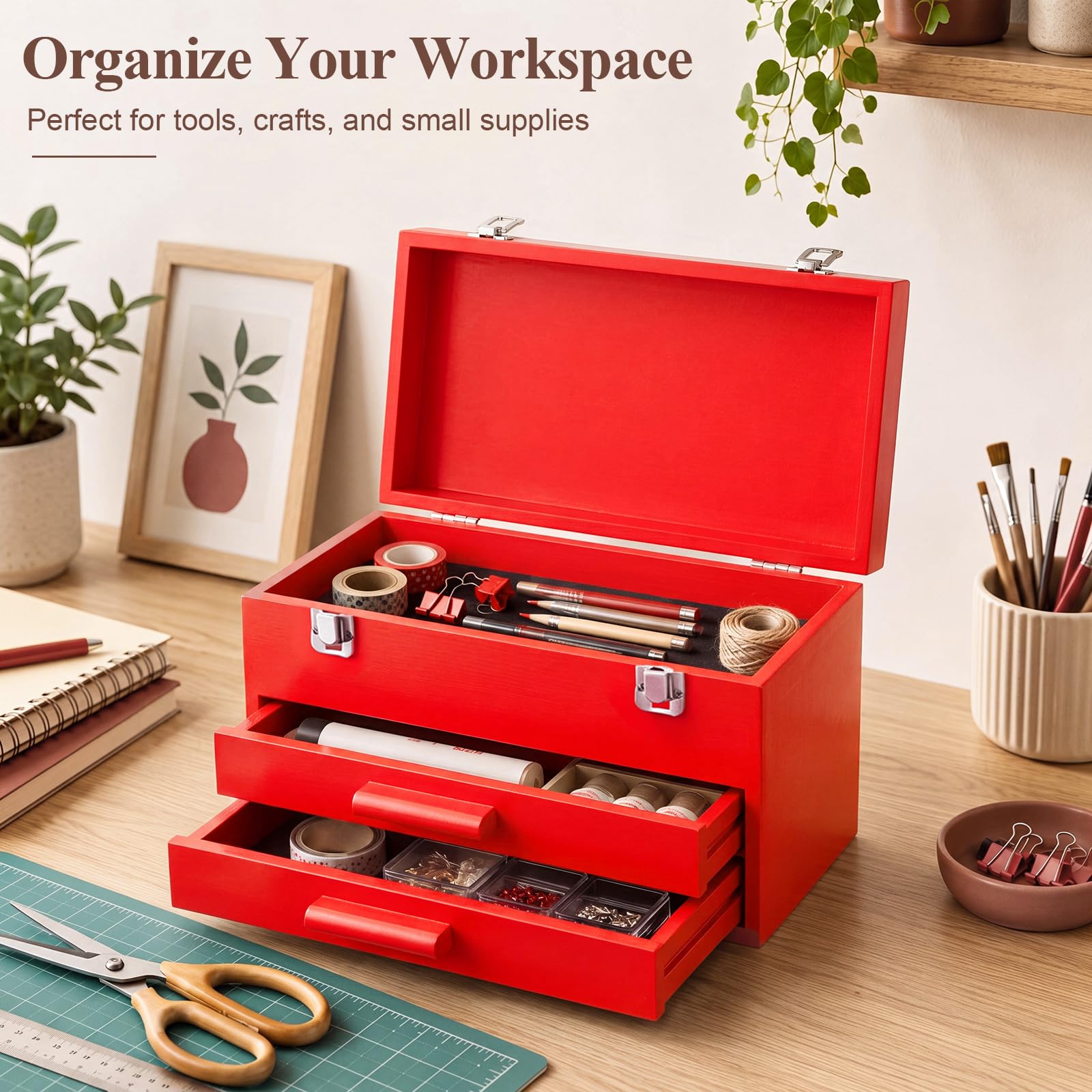 Weysat Mini-Werkzeugkiste aus Holz mit 2 Schubladen und oberer Aufbewahrung, tragbare kleine Werkzeugkiste mit PVC-Auskleidung, Mini-Aufbewahrungs-Organizer, Make-up-Box mit Metallriegelverschluss