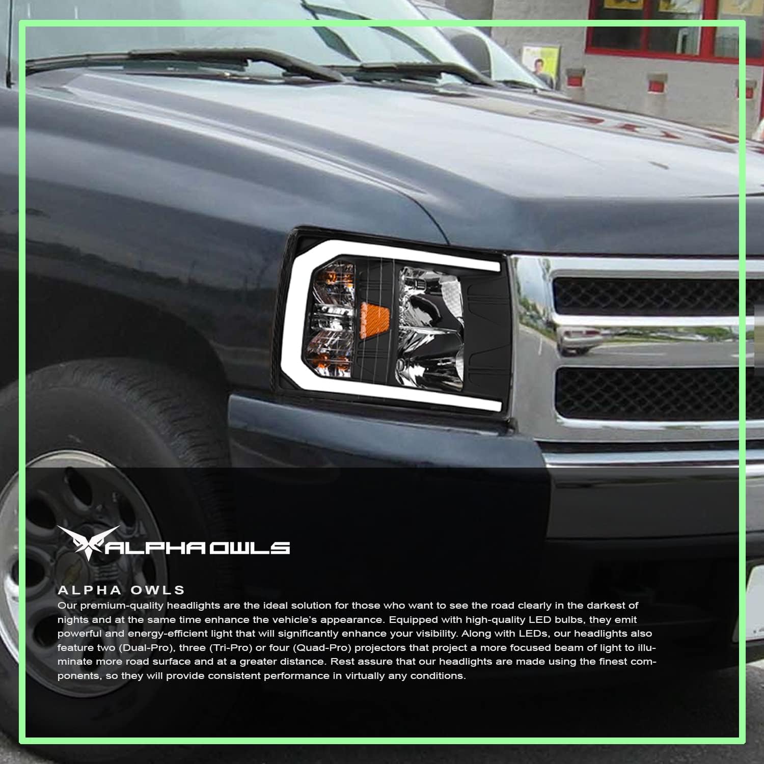 Alpha Owls 8712252 Crystal Headlights With Switchback Sequential LED Light Bar & Startup Light - Black Amber Fits 2007-2013 Chevy Silverado 1500/2007-2014 2500 3500 HD Halogen Models