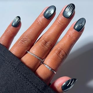 Glamnetic Halloween Press On Nails, Short Oval Cat-Eye, Silver Daggers | Halloween spooky press on nails: Silver Daggers. Full nail kit. Silver Glue on nails with haunting nail art. Fake nails.
