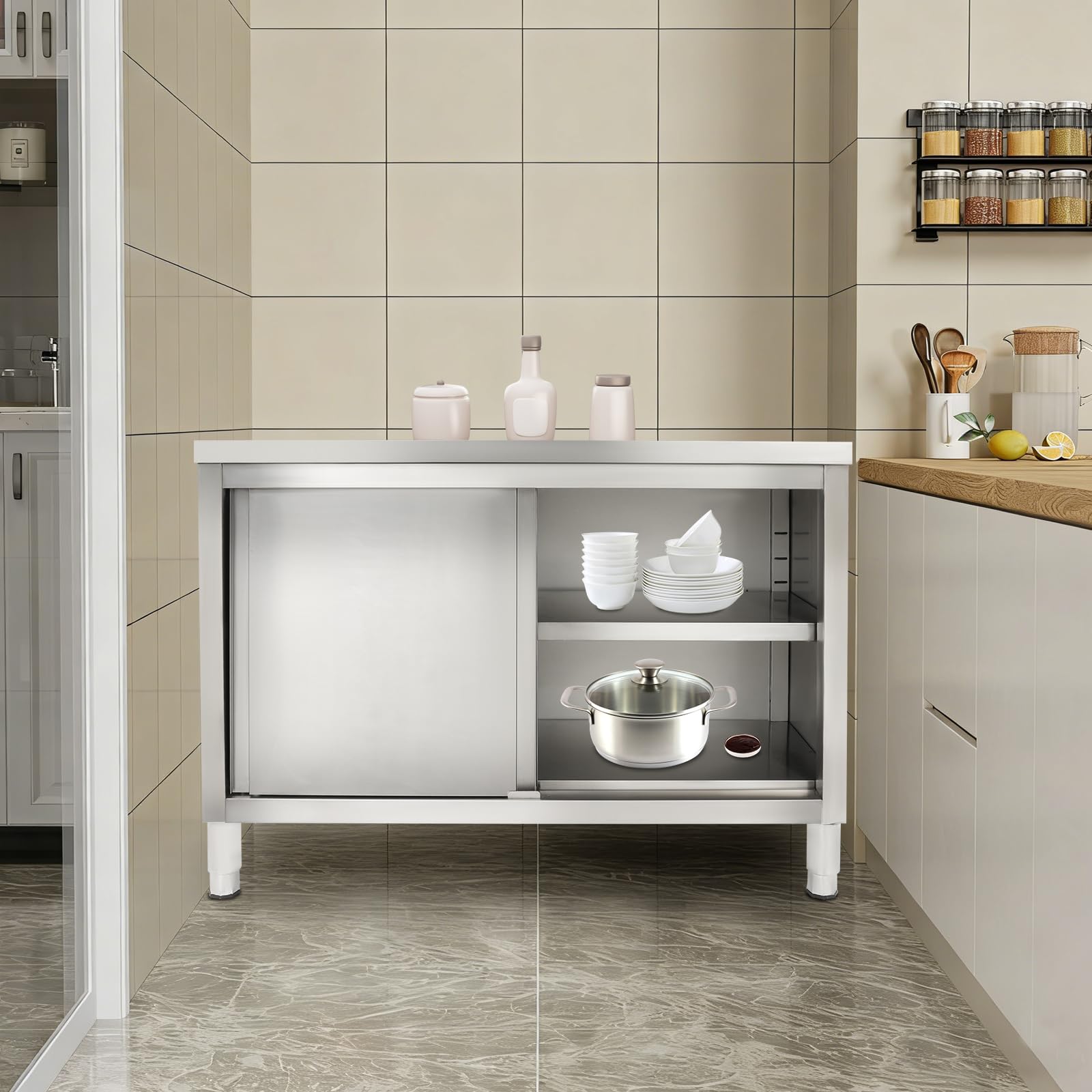 Armadio da lavoro in acciaio inox, con ante scorrevoli, piano di lavoro, armadio scorrevole, 120 x 50 x 86 cm