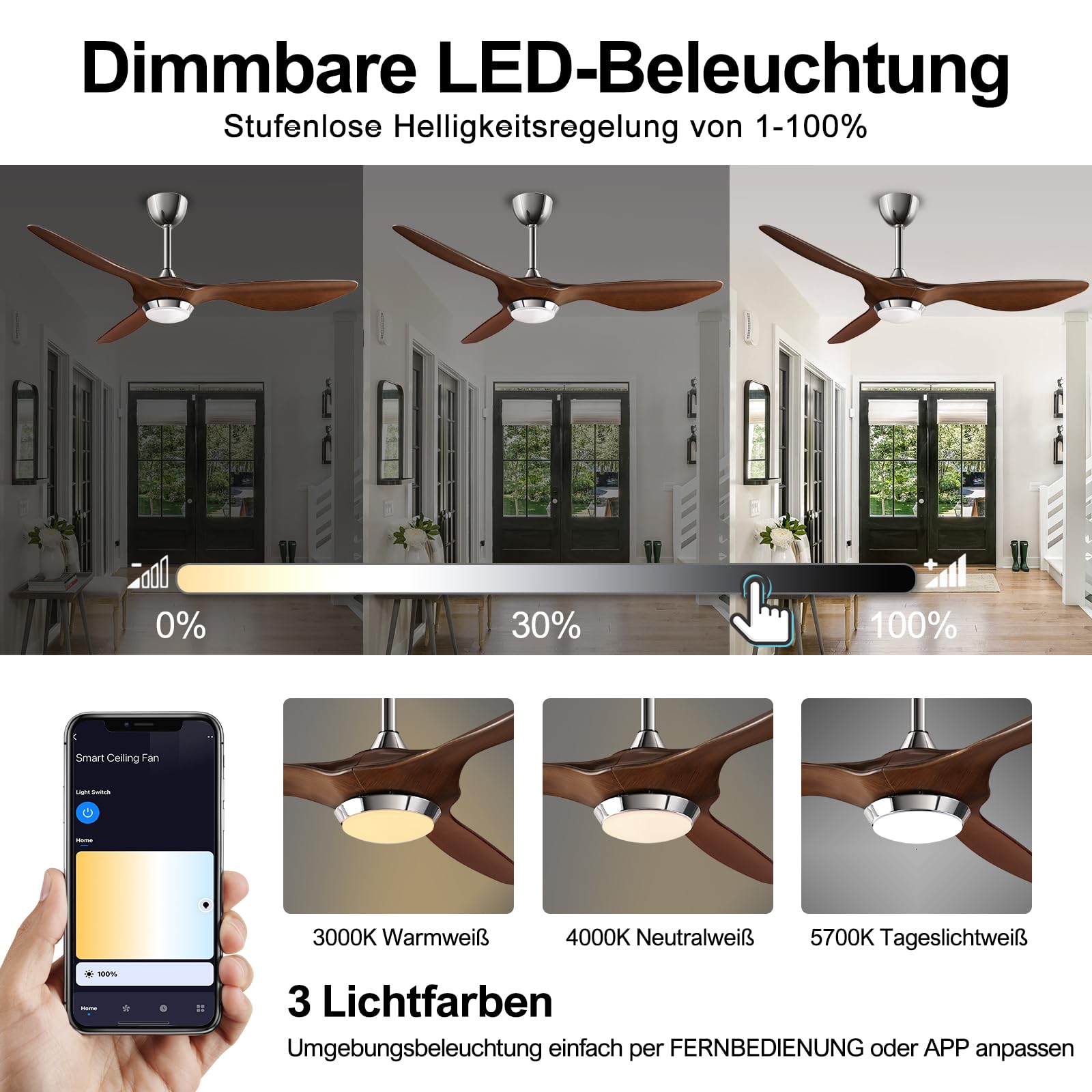 reiga Deckenventilator 132 cm mit LED Licht und Fernbedienung, Leiser Reversibler DC Motor, 6 Geschwindigkeitsstufen, Smart App Steuerung
