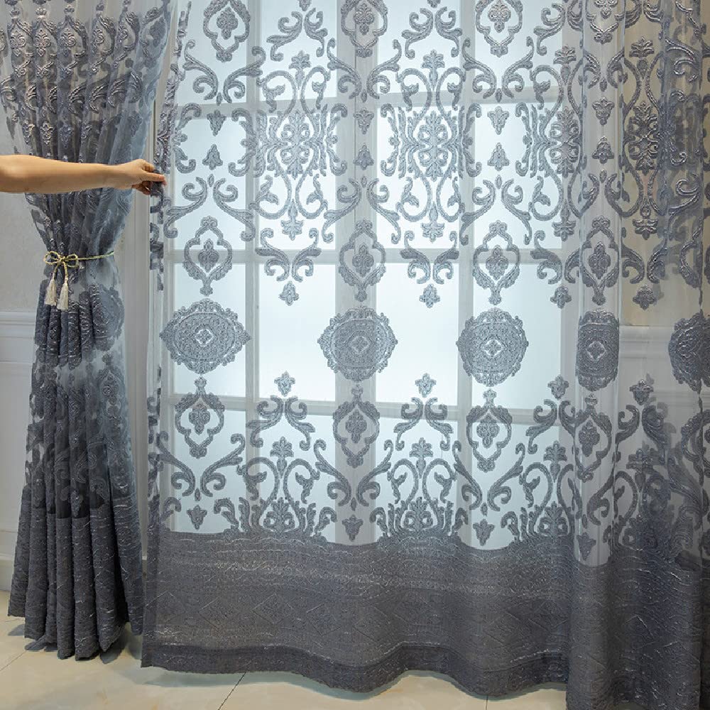 Amidoudou 1 Paar Luxuriöse Europäische Schiere Vorhänge Hohlen Bestickten Tüll Vorhänge Für Schlafzimmer Wohnzimmer (Grau,2-Set H 260 x B 140 cm)