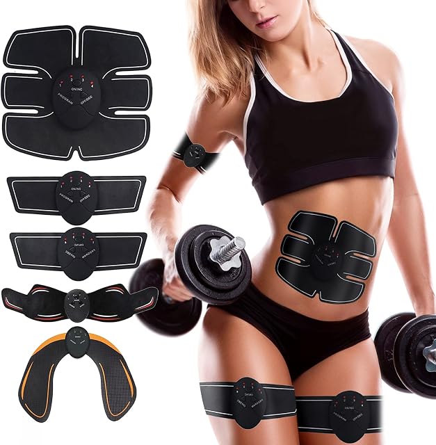 Jenylu 5 Pcs EMS Muscle Stimulator, Abs Trainer Hips Trainer Electronic Toning Belts, Abs Toning Belt Workout Equipment, Muscle Stimulator 6 Modes & 10 Intensity for Abdomen Arm Leg Hips Men & Women