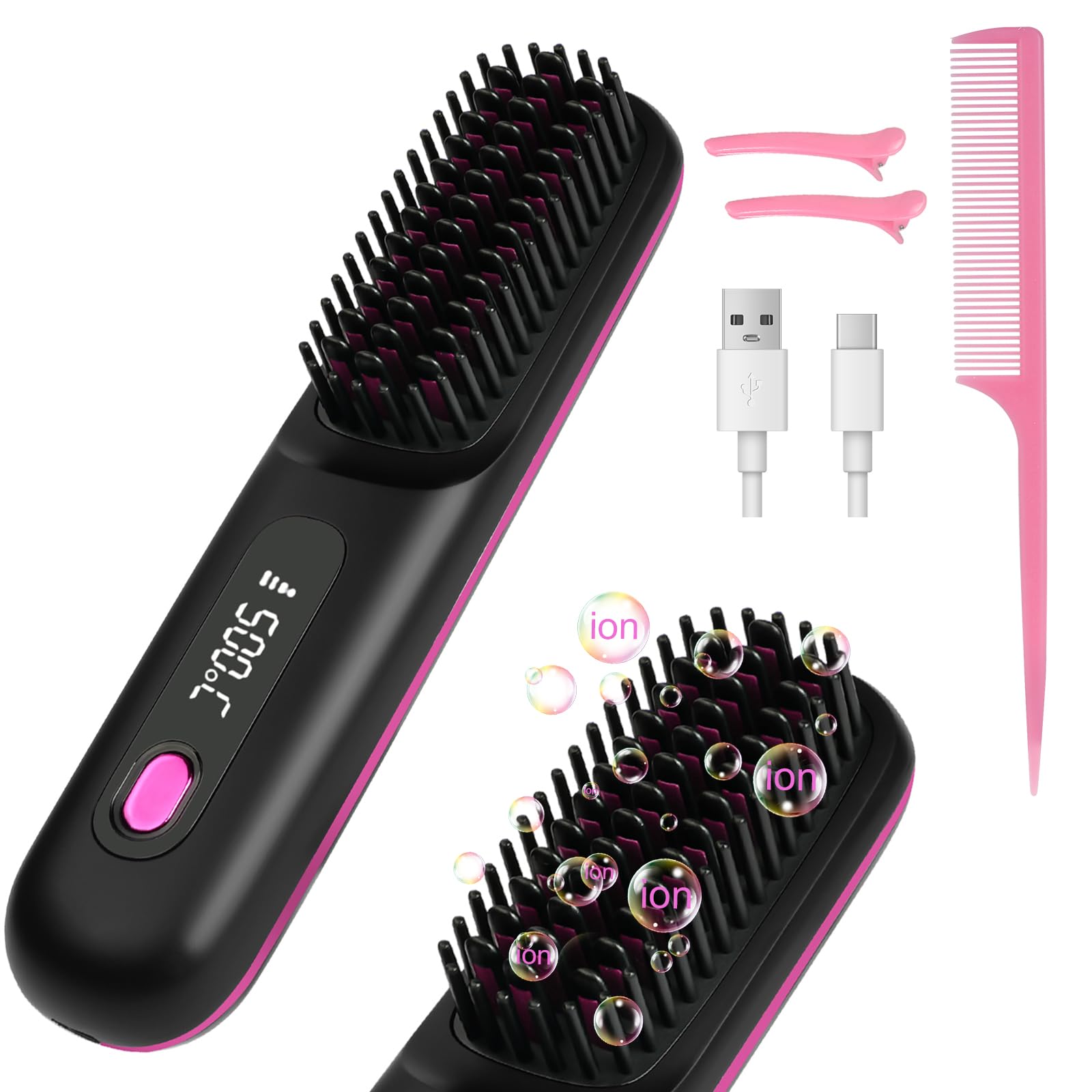 LOPHE Wireless Straightening Brush, Portable Mini Straightener Hair Straightening Brush with LED Screen, 3-Stage Temperature, Rechargeable Straightener Brush for Hair and Styling Beard, Black-image-35