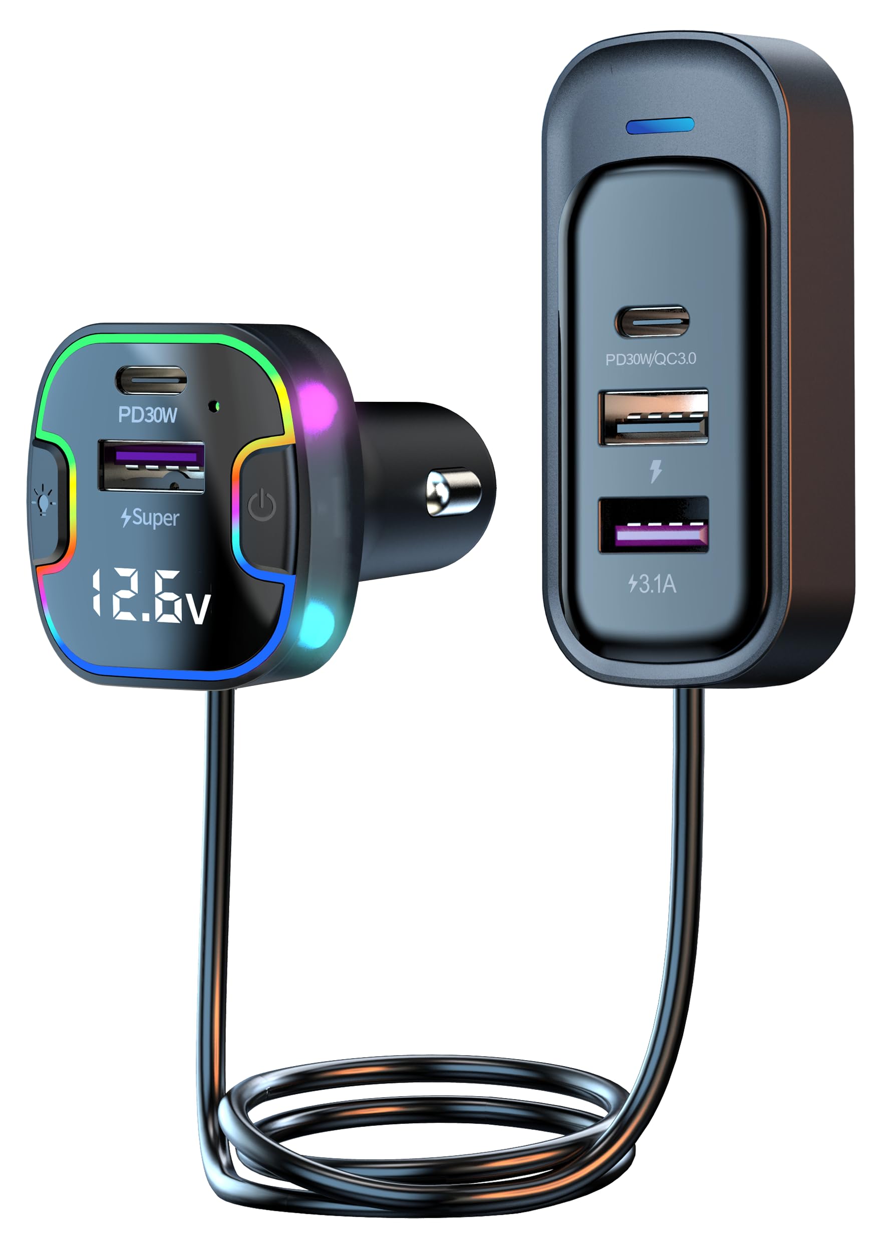 Car Charger USB C [LED Voltage Display] 100W 5 Port Type-C Car Adapter, 2-PD 30W & QC3.0 30W Super Fast Charging with 5FT Cable Cigarette Lighter Adapter for Car Travel Essentials for iPhone Samsung