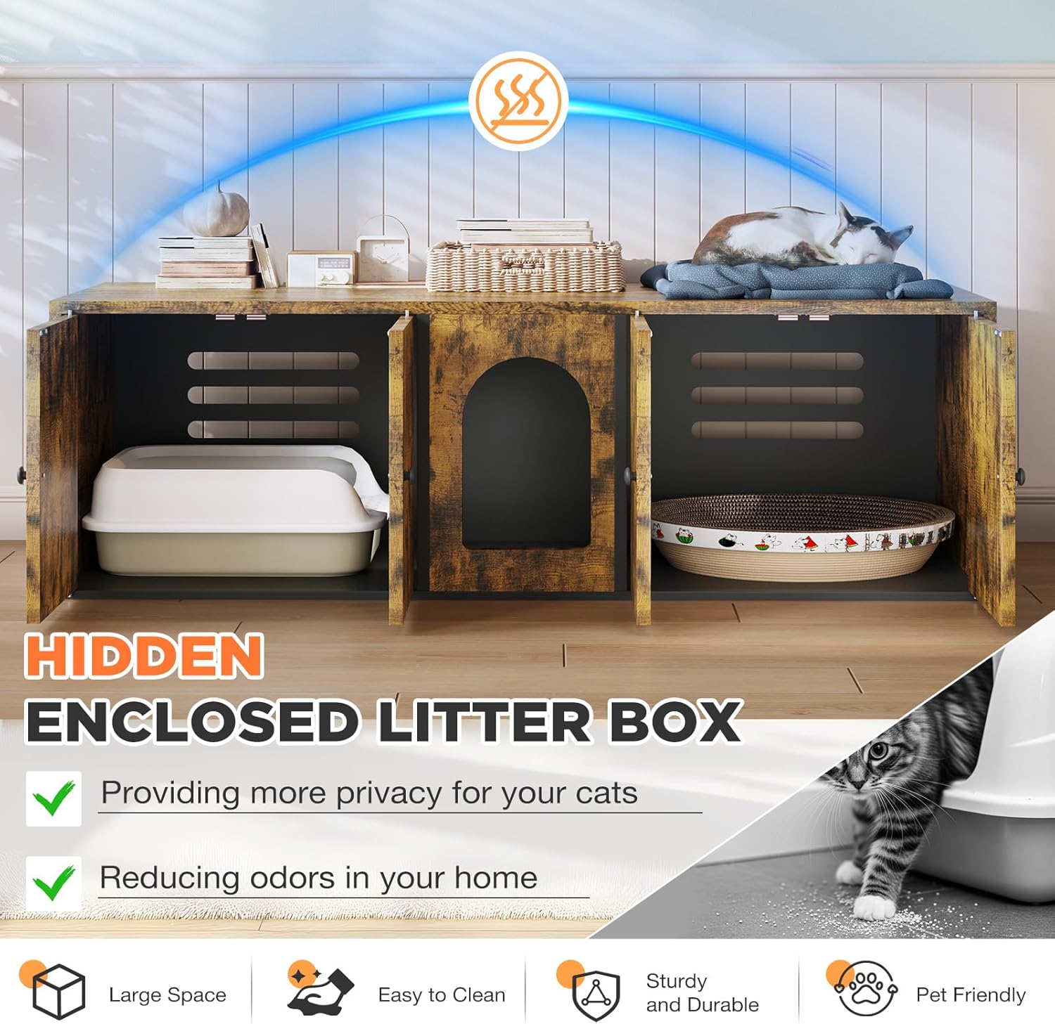 Cat Litter Box Enclosure for 2 Cats, Litter Box Furniture Hidden with Double Room and Large Storage Space, Wooden TV Stand Side Table Wooden Washroom Furniture, Cat House, Brown