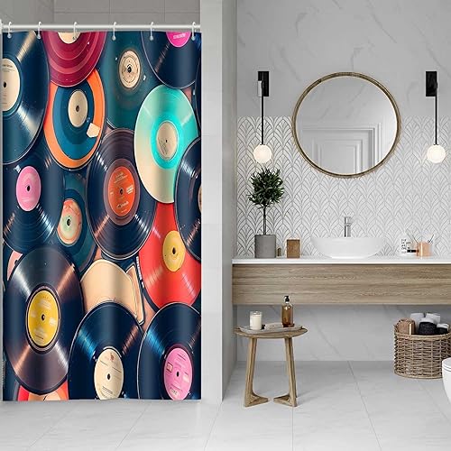 Miniatura 9 de YLOKTP0444 - Cortina de ducha con música retro, 72 x 72 pulgadas, discos musicales, álbum de baño, bañeras, juego de decoración con 12 ganchos