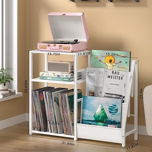 Miniatura 5 de LELELINKY Mesa para tocadiscos, estante giratorio con almacenamiento de vinilo de hasta 150 álbumes, mesa auxiliar blanca con estante para libros