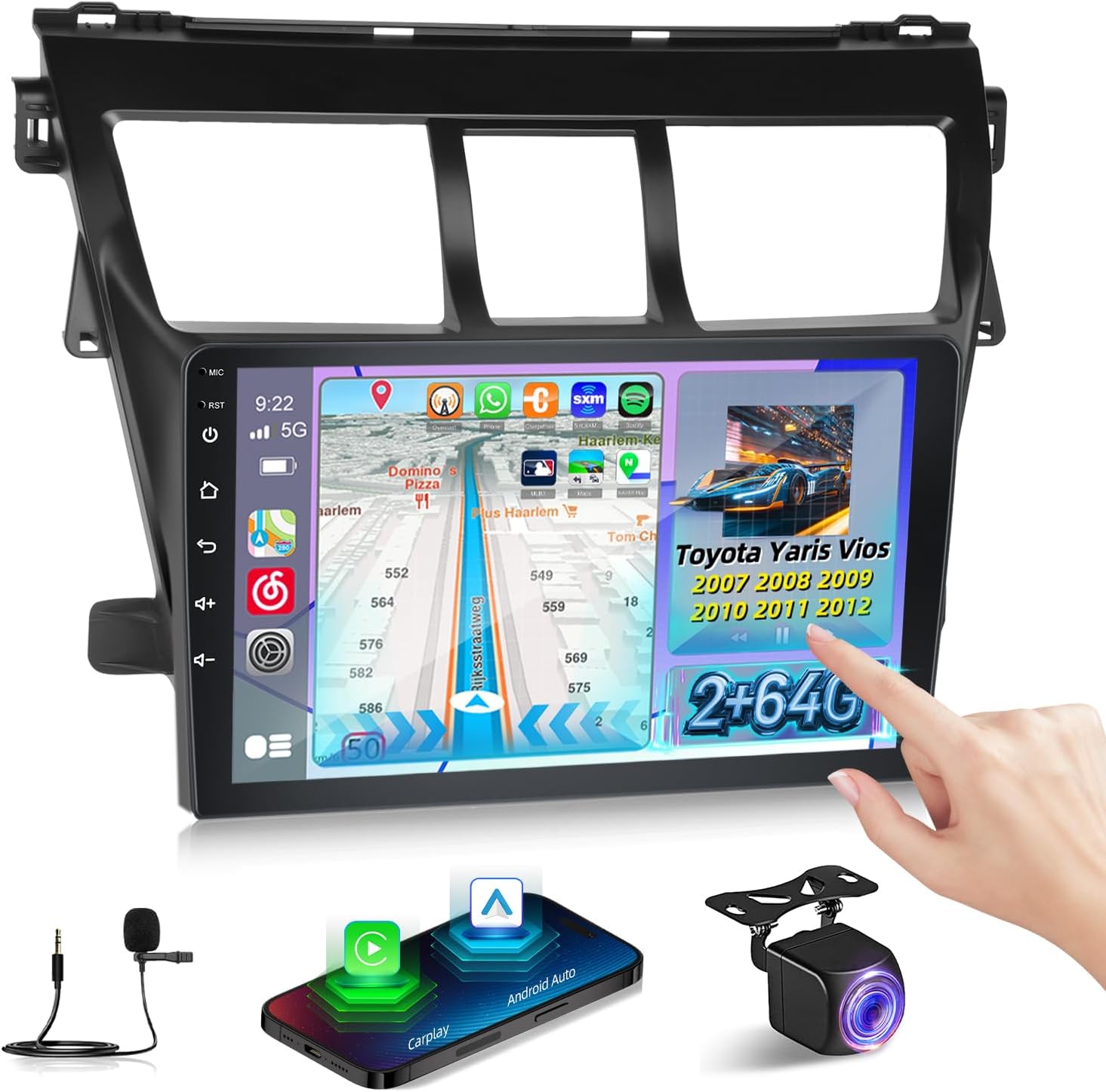 Car Radio for Toyota Yaris Vios Hatchback Sedan 2007 2008 2009 2010 2011 2012, 9'' Android Touchscreen Stereo with Wireless Carplay&Android Auto, GPS/Bluetooth/FM/SWC/2+64/EQ