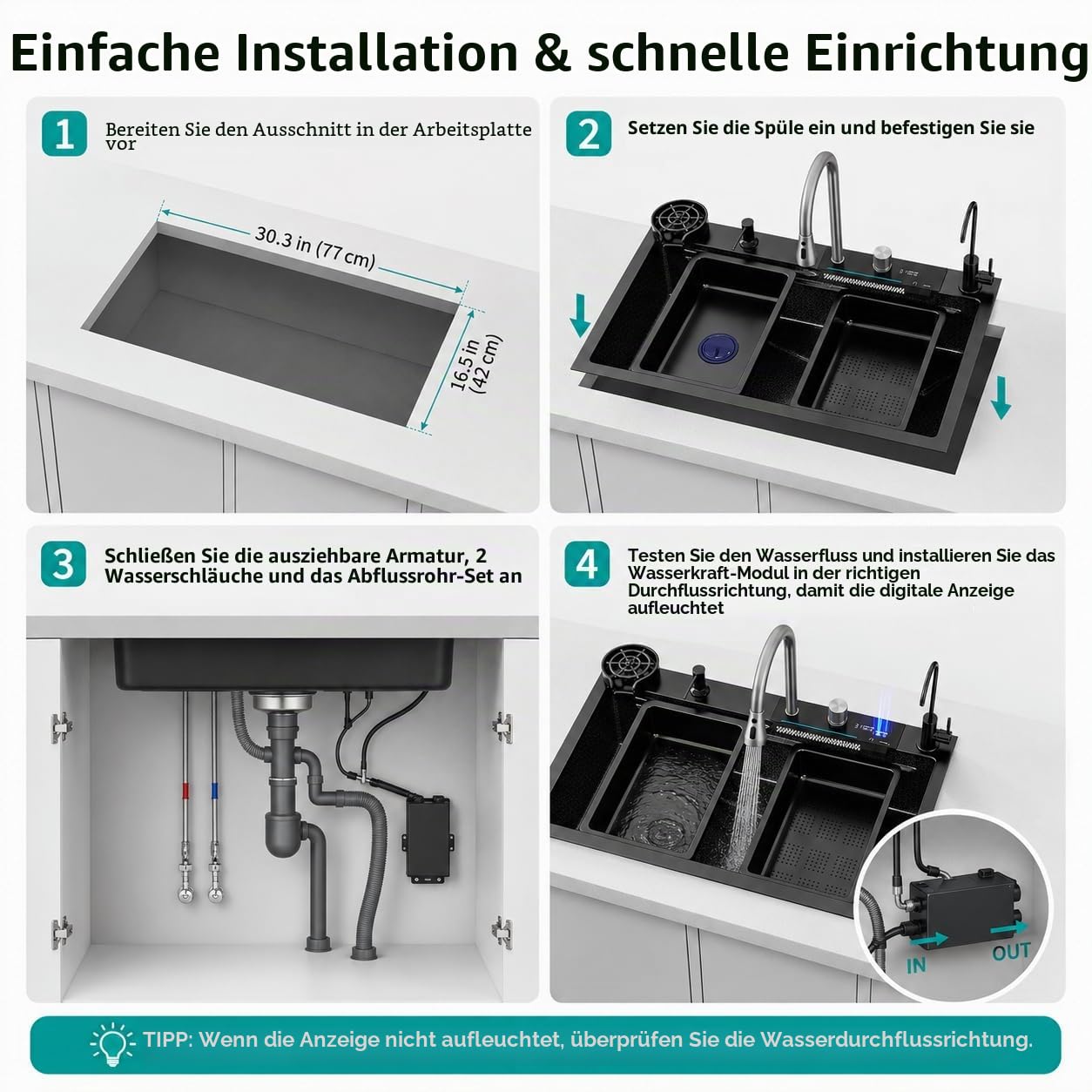 Küchenspüle aus Edelstahl – Spüle mit LED-Anzeige, einfache Installation und doppeltem Wasserfall-Design, inklusive hochwertigem Zubehör (80 * 45cm)