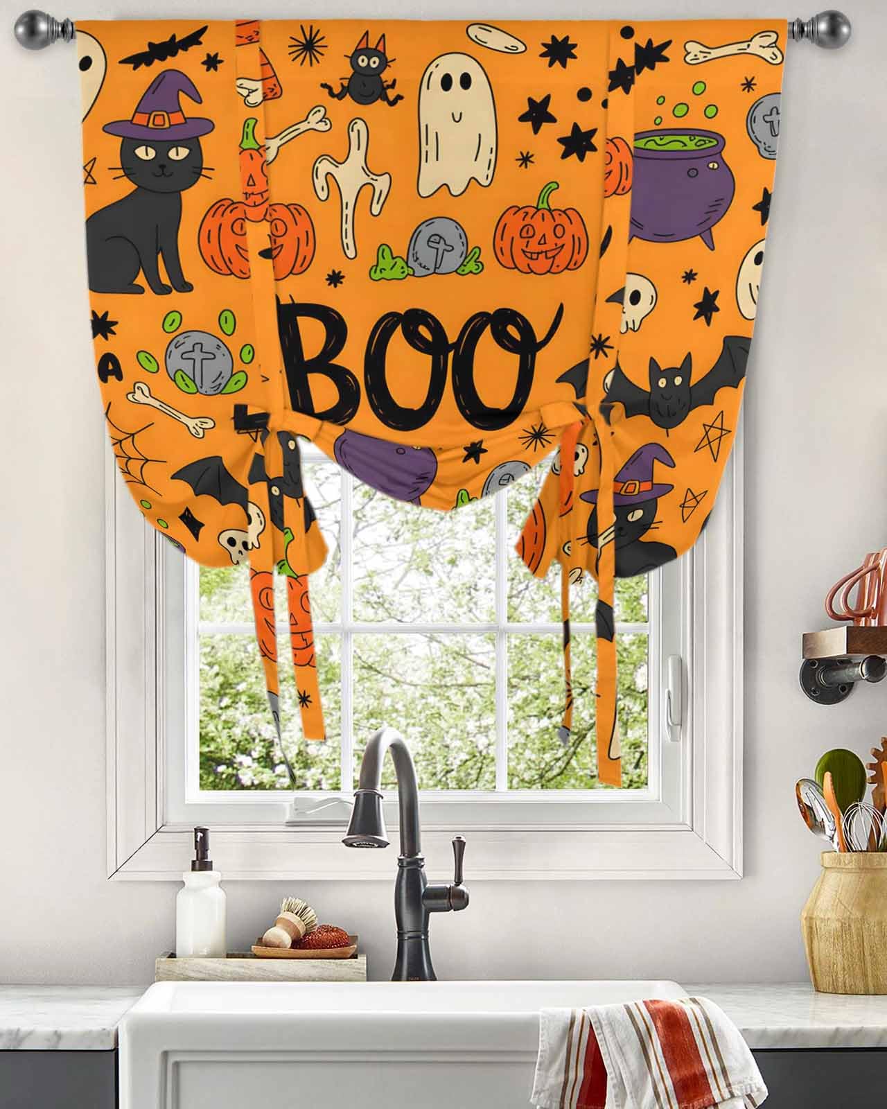 Halloween Tie Up Curtains for Windows 54 Inch Length Balloon Curtains Kitchen Adjustable Balloon Window Shade Orange Cartoon Pumpkin Cat Star Bat Ethnic Tie Up Valance Bathroom Curtain Window 42
