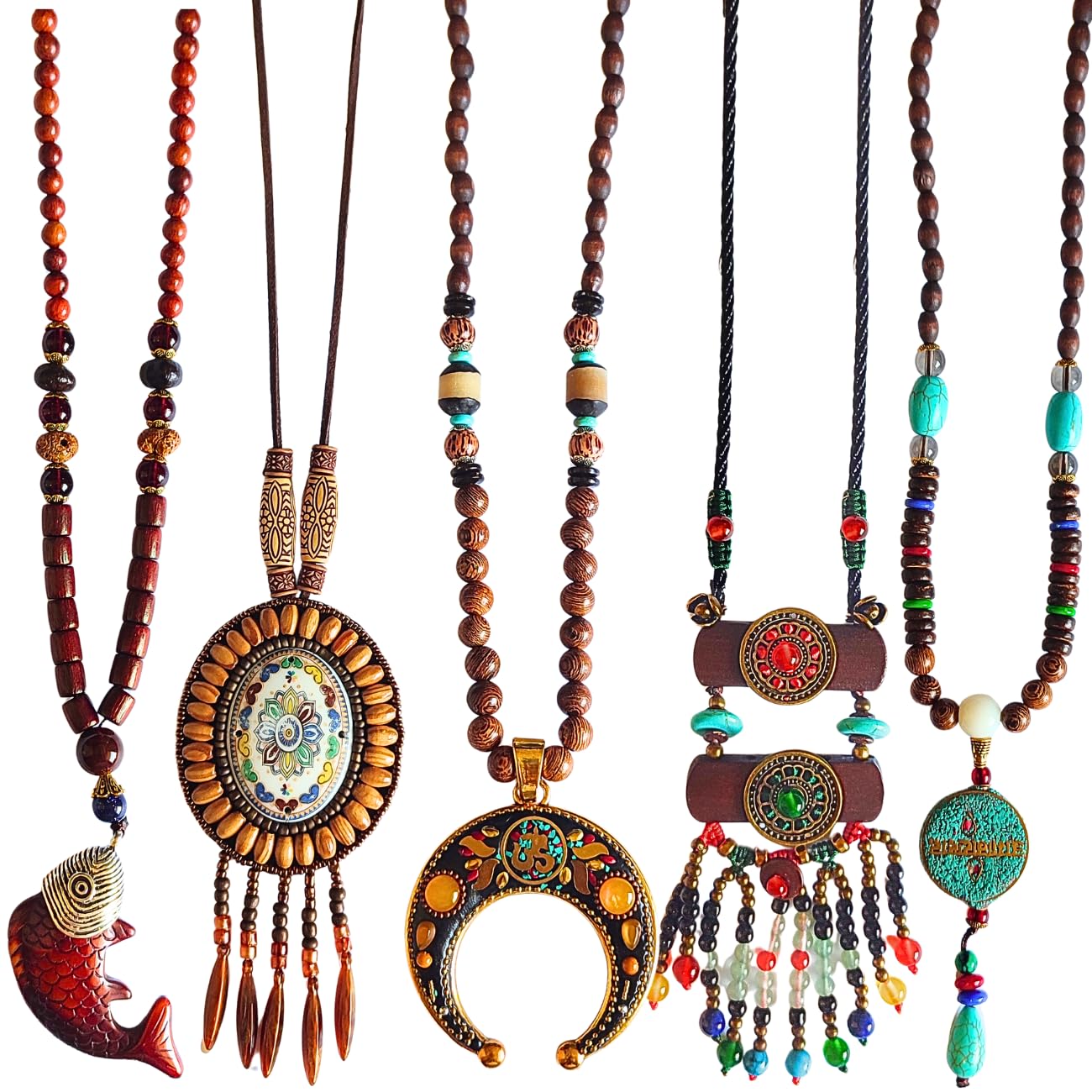 Collar con cuentas bohemias para mujer con colgante largo de madera para mujer, collar de madera de DREMINOVA, Madera, Cuentas,
