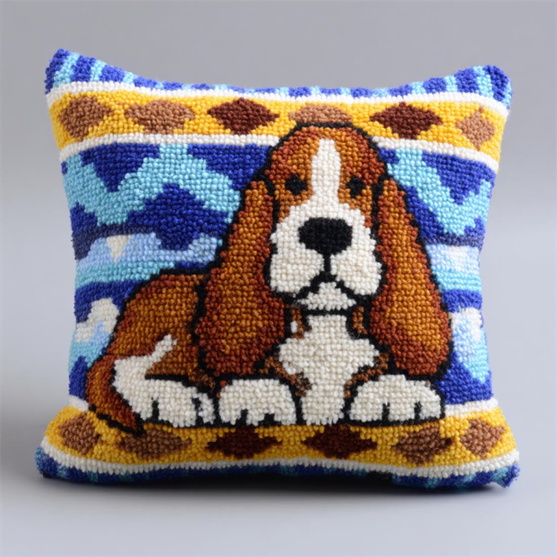 Kitquiver Animal DIY Latch Hook Kit Cartoon Basset Hound DIY Latch Hook Kits Pillow Needlepoint Cushion Kit for Home Décor Needlework Set for Adult Beginners 17x17In