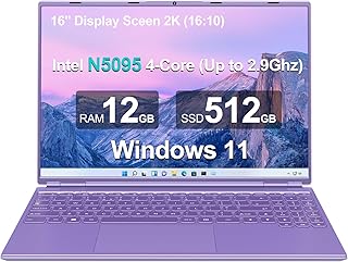 Ruzava/Aocwei 16" Laptop 12+512GB Celeron Intel N5095 (Up to 2.9Ghz) 4-Core Win 11 PC with Cooling Fan 1920 * 1200 2K Screen Dual WiFi Support 2.5" HDD 1TB SSD Expand for Game Work Study-Purple