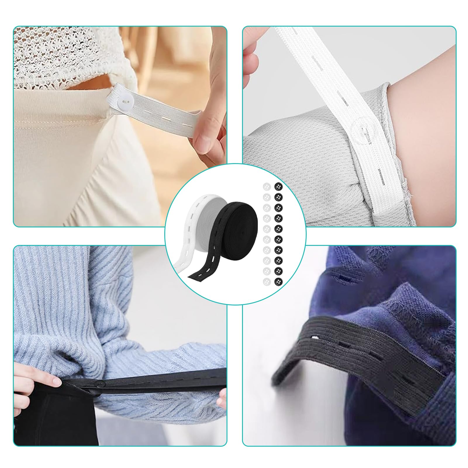 2 Bandes élastiques à Boutonnières 8m X 1,5 Cm – Noir Et Blanc, Avec œillets Et Boutons, Pour Couture DIY