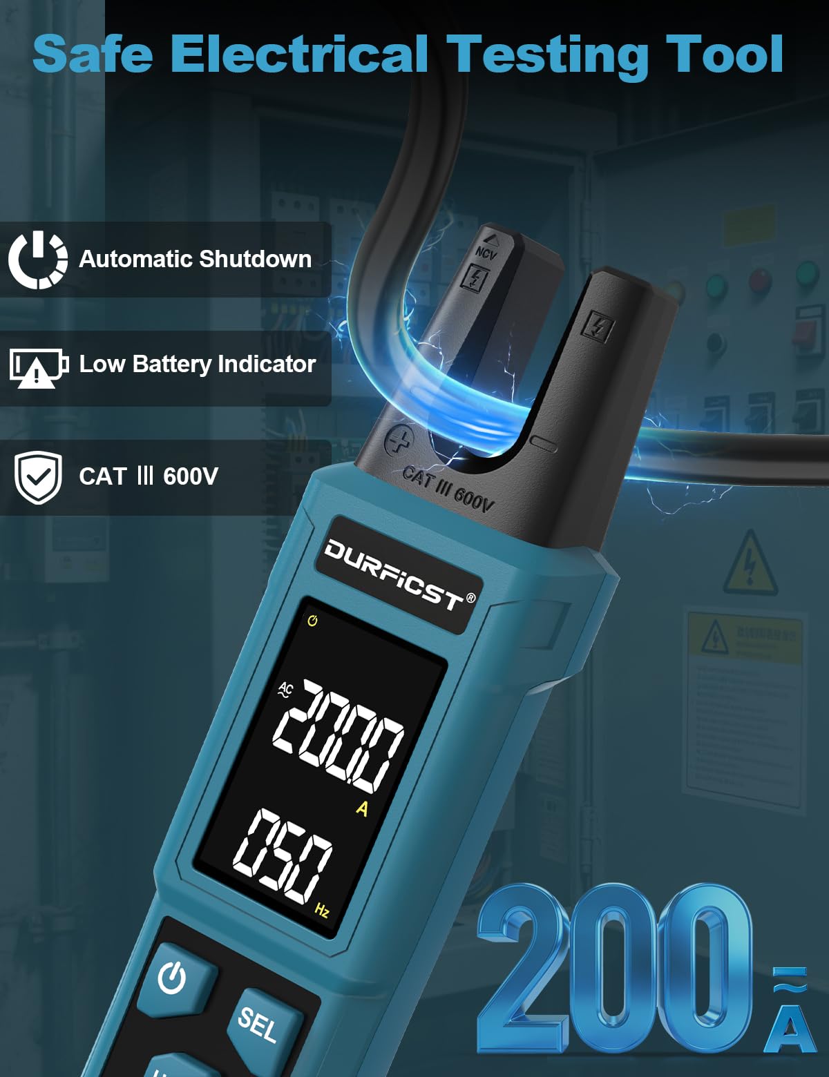 Stromzange, DURFICST Digitale Strommesszange TRMS 4000 Counts, Zangenamperemeter mit 200A AC/DC-Strom- und 600V Spannungsmessung, NCV, Kapazitätsmessung, Durchgangsprüfung, Temperaturmessung