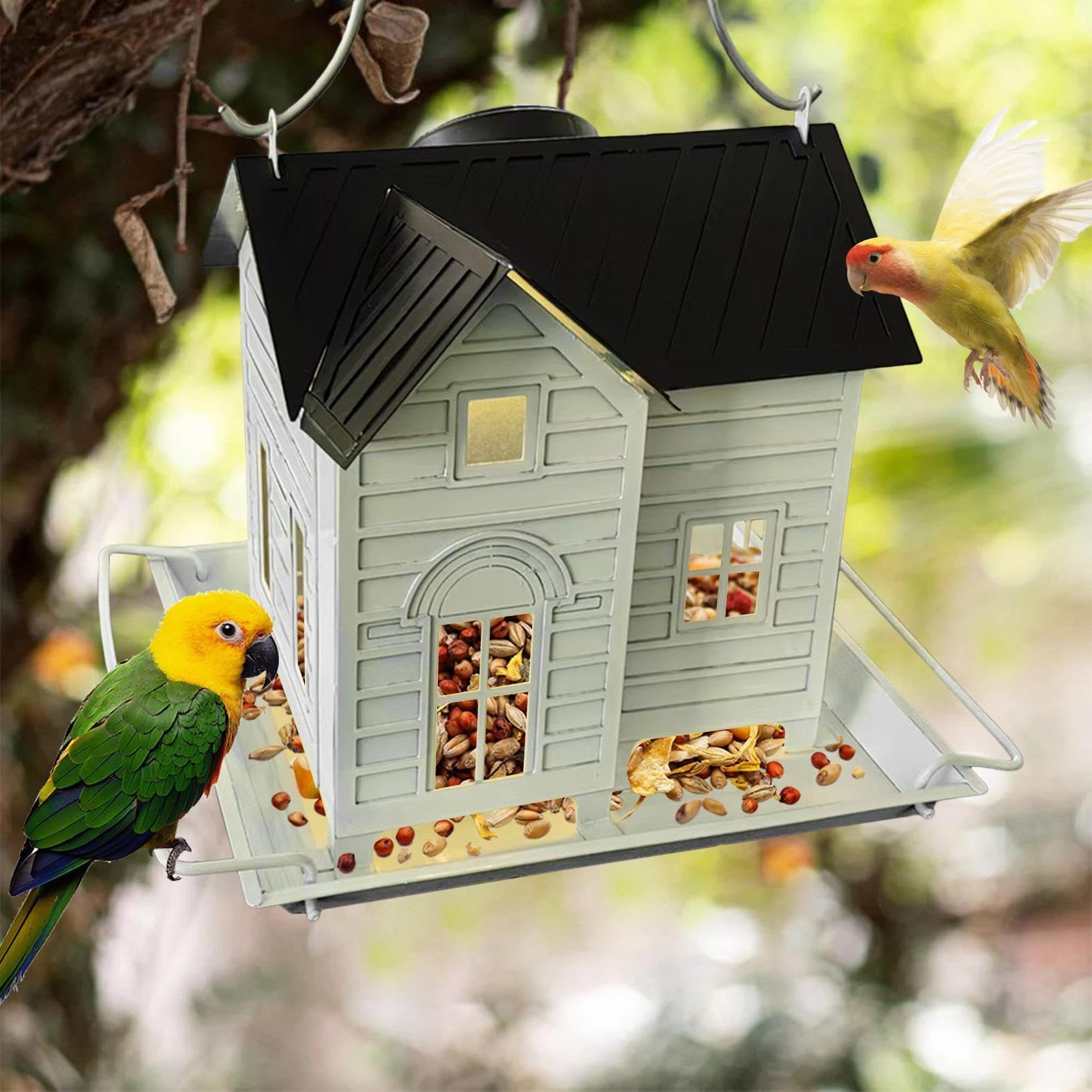 Comedero para pájaros, decoración de jardín, Solar con luz Solar, dispensador de Comida de Metal para pinzones y colibríes, para Patio, jardín o Granja (Modelo Solar)