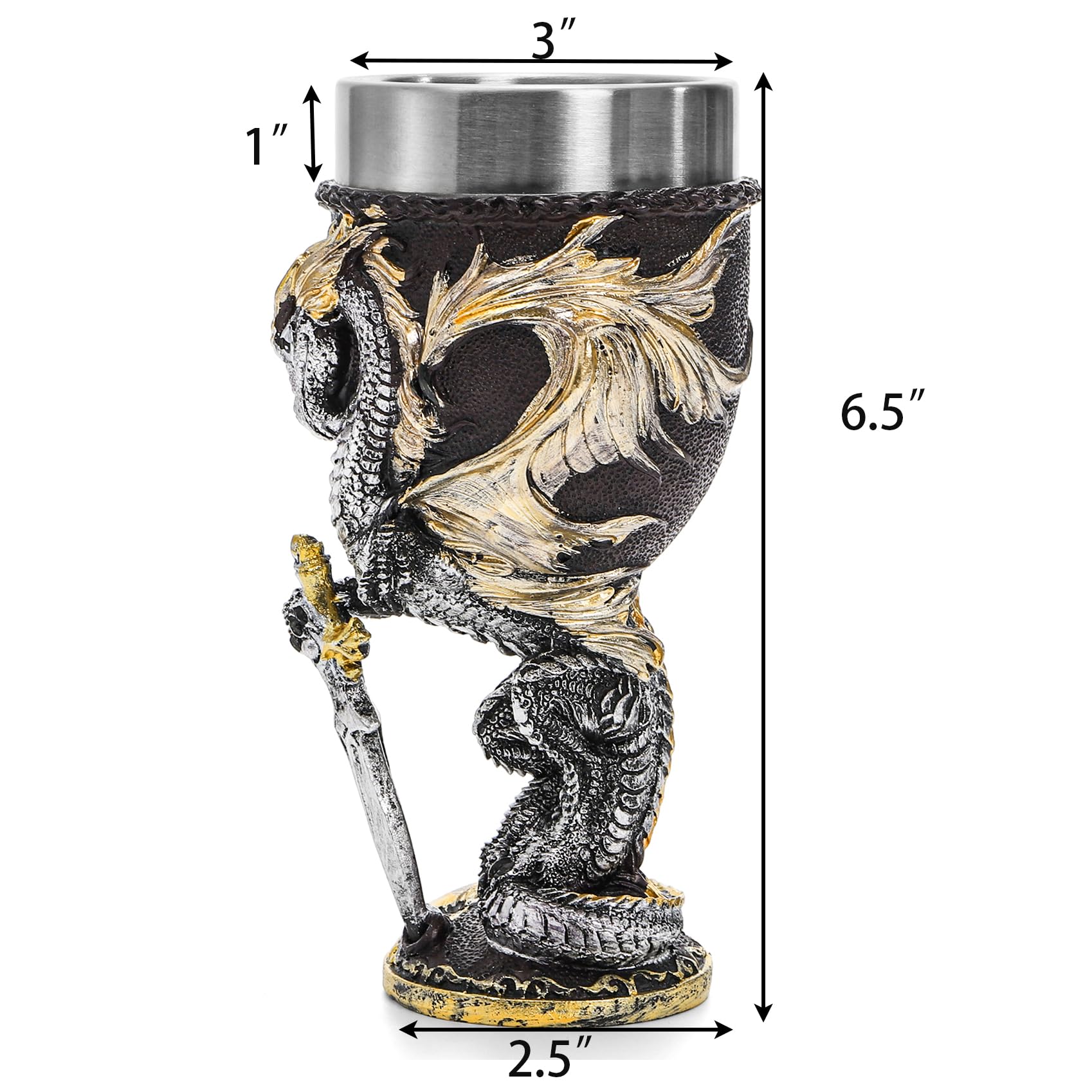 Jucoan Medieval Flame Dragon Wine Goblet, 6oz Stainless Steel Resin Wine Cup Fantasy Medieval Chalice Gift for Men, Father’s Day, Themed Party