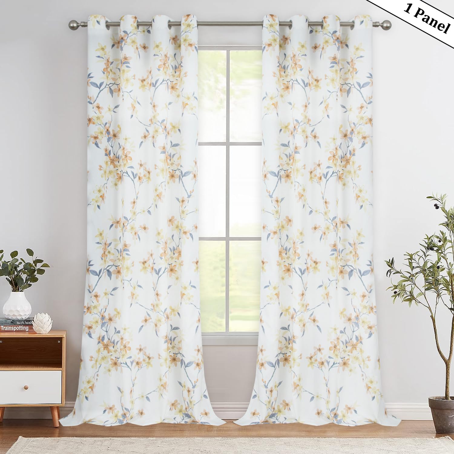 Leeva 1 Panel Bedroom Darkening Heavy Curtains for Living Room, Farmhouse Elegant Yellow Pink Print Watercolor Flower Curtain & Drapes for Wash Room Nursery, 52 x 84 Inches