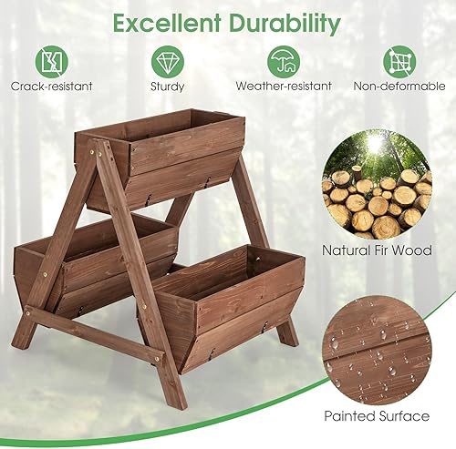 Miniatura 6 de Giantex Cama de jardín vertical elevada, 3 cajas de madera para flores, verduras, frutas y hierbas, maceta de jardín independiente con agujeros de