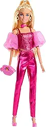 Barbie Fashionista Boneca Deluxe Cabelo Loiro e Conjunto Rosa Metálico para crianças a partir de 4 anos
