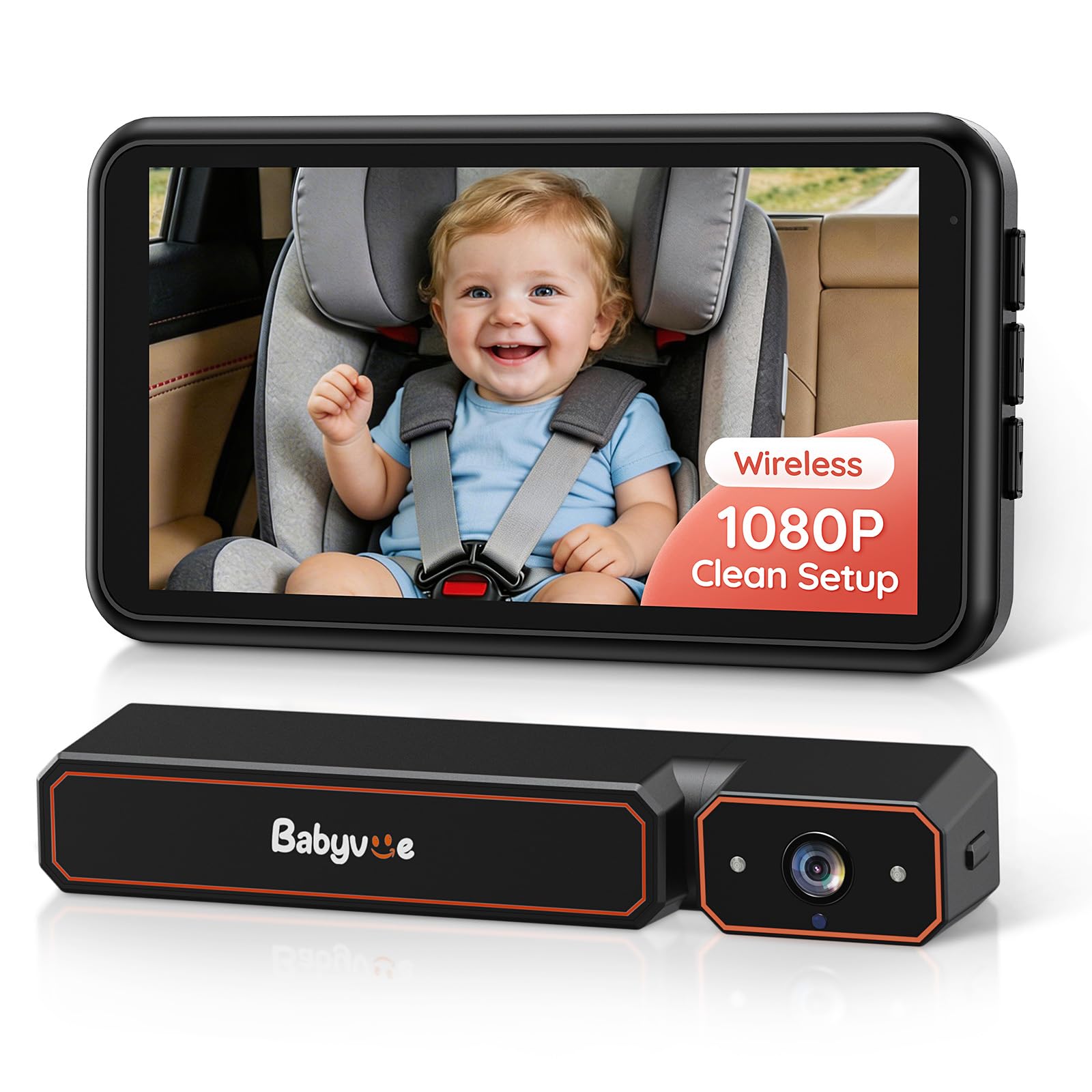 Babyvue Wireless Baby Car Camera Easy 2-Step Setup 5 2 Display 1080P HD IR Night Vision Clip-On or