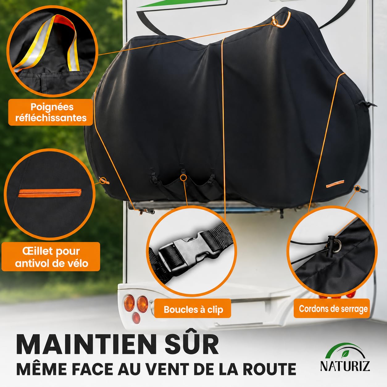 NATURIZ® Housse de protection pour porte-vélo arrière étanche et résistante - Housse de vélo avec corde de tension de 6 m - Housse de vélo pour 2 vélos - Ensemble de protection de transport pour
