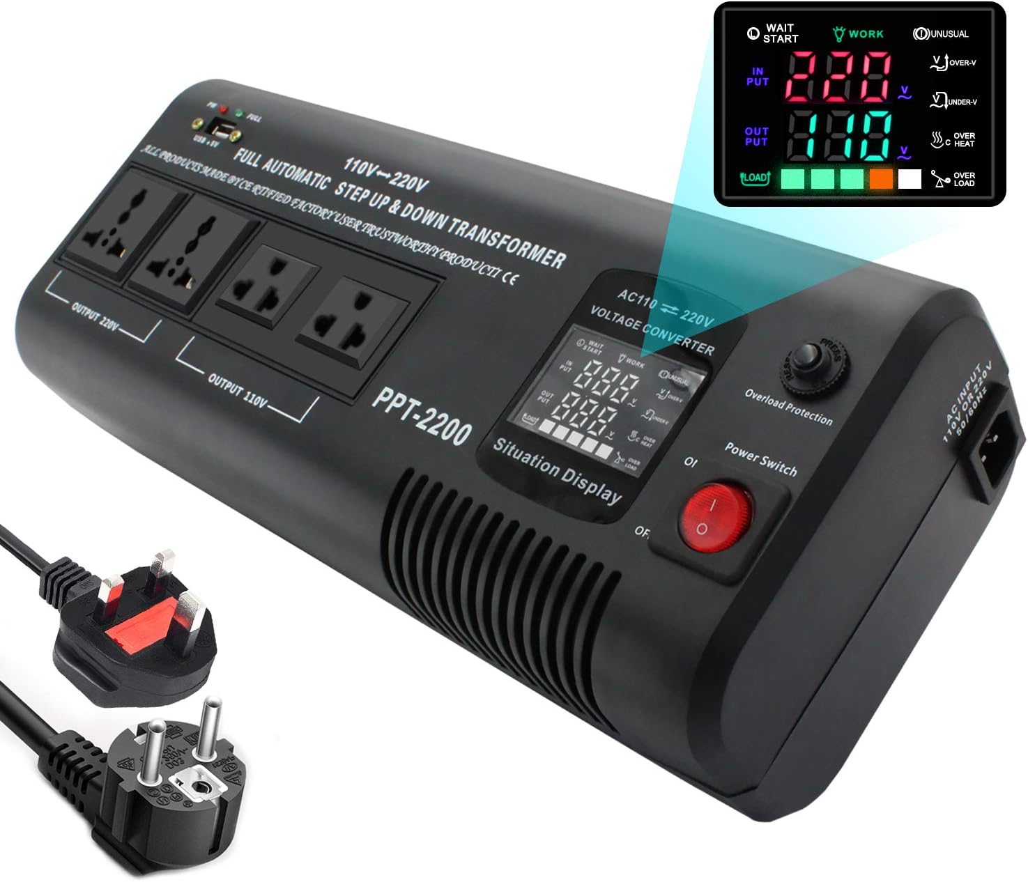Yinleader 220V - 110V Step Up & Step Down Voltage Transformer 2200VA Converter UK to US US to UK Dual 110V & 220V outlets 5V USB Port (Automatic voltage recognition)