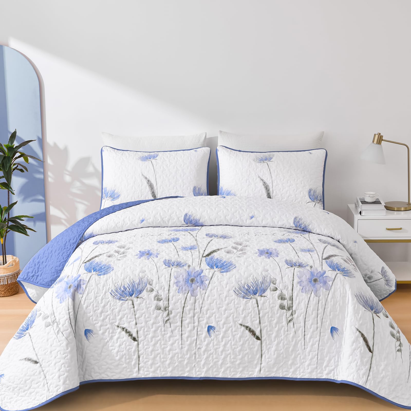 Dinjoy Quilt Set Queen, Flower Bedspread Coverlet Set with 2 Pillowcase
