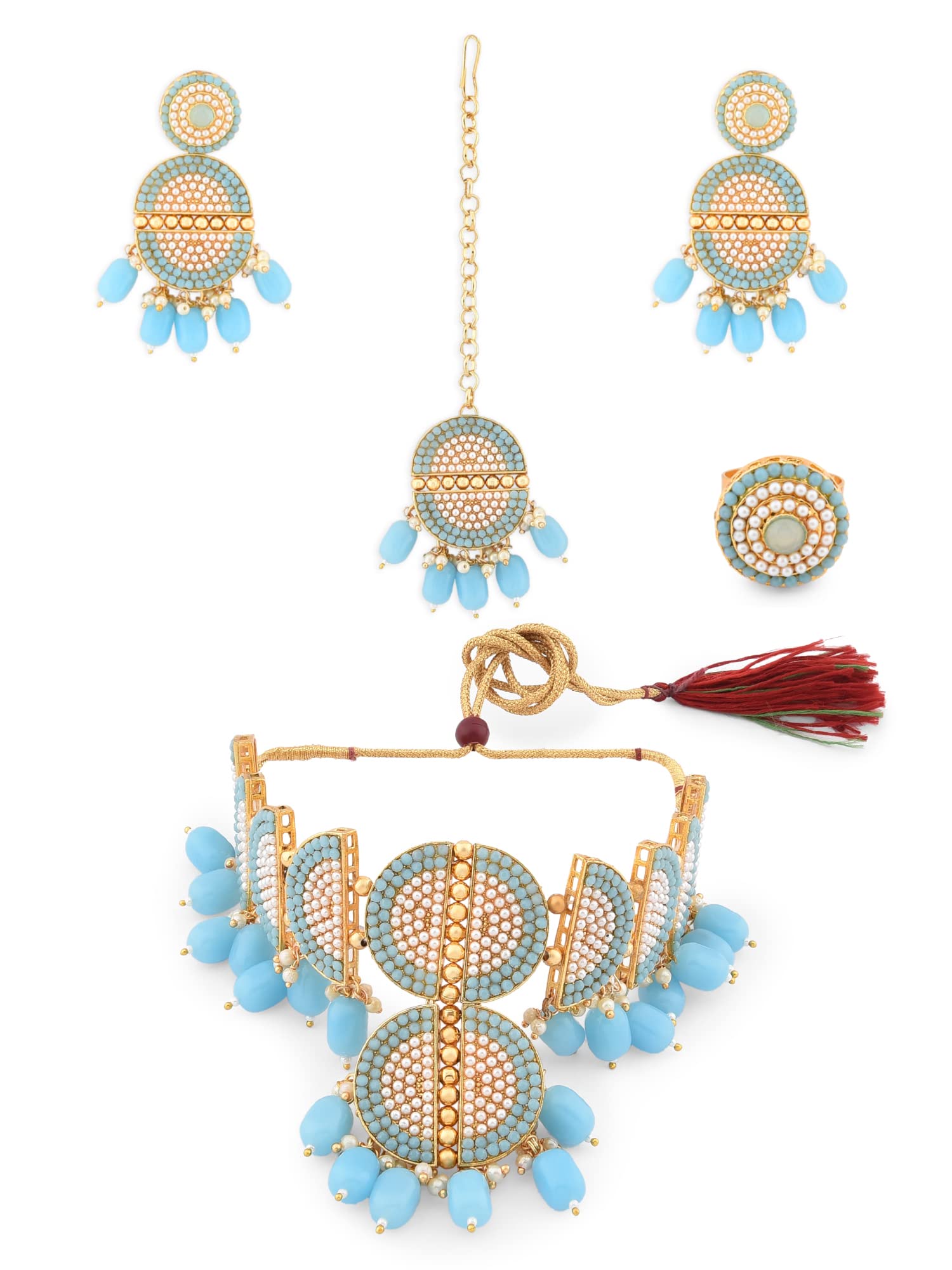 ZAVERI PEARLS Turquoise Blue Ethnic Choker Necklace Earring Maangtikka & Ring Set For Women-ZPFK12741 (B09WVP7GJJ) Amazon Price History, Amazon Price Tracker