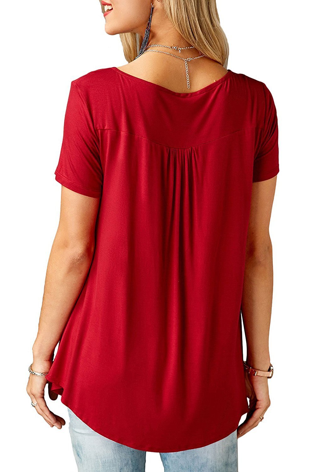 Bequemer Laden Femmes Bouton Tunique Longue Col V Manche Courtes Chemises | Mode Joli T-shirt Dames Printemps Ete Tunique Longue Grande Taille Blouse Femme Chic et Elégant Haut Top Plage Uni Fleuri